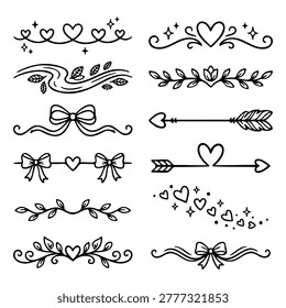 Hand drawn romantic decorative dividers with hearts bows and botanical leaves vector