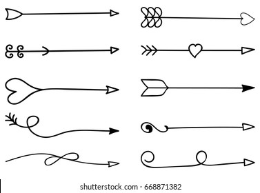 Hand drawn romantic doodle arrows set. Vector illustration.