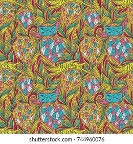 Hand drawn romantic doodle seamless pattern. Decorative hearts, leaves, branches, ribbon, banners, arrows, I love you hand lettering. Valentine's day background, vector illustration.