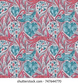 Hand drawn romantic doodle seamless pattern. Decorative hearts, leaves, branches, ribbon, banners, arrows, I love you hand lettering. Valentine's day background, vector illustration.