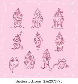 Hand drawn romantic doodle set with icons in the form of icecreams with bows and ribbons. Vector linear illustrations with ice cream with free hand lines.