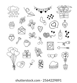 Hand drawn romantic doodle set. St. Valentine's vector elements. Black and white illustration on isolated background.