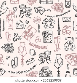 Hand drawn romantic elements background. Whimsical illustration