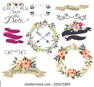 hand drawn romantic flower collection-wreath,curl,arrow,frame,save the date