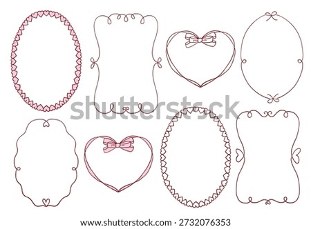 Hand drawn romantic frames set with hearts, bows and decorative lines. Elegant vintage style outlines for invitations, wedding cards, Valentine’s Day designs, posters, stickers and social media templates.