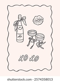 Hand drawn romantic illustration. Champagne and glasses drawing