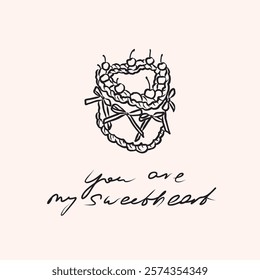 Hand drawn romantic illustration. Line art cake drawing