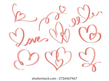 Conjunto de ilustración romántica dibujada a mano con corazones de estilo pincel y letras de amor. Las suaves líneas fluidas crean una sensación divertida y elegante, perfecta para tarjetas de San Valentín, diseños de bodas, invitaciones y decoraciones.