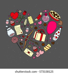 Hand drawn romantic items for Valentine's day and wedding composed in heart shape.