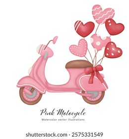 Hand drawn romantic motorcycle scooter with heart balloons