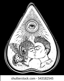 Hand drawn romantic ouija with an incomparable kissing couple of 20th and all-seeing eye in sun's rays.Valentine's day concept. Boho, tattoo art,poster,print,romantic love, character, magi, esoteric.
