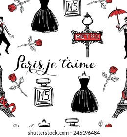 hand drawn romantic Paris seamless pattern. Little black dress, roses, mime, perfume, eiffel tower