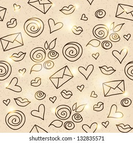 hand drawn romantic pattern with roses, hearts and envelopes
