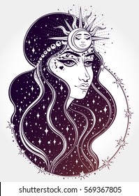 Hand drawn romantic portrait of young woman with stars in her hair. Her head is framed by a tiara of the sun, moon, stars and rays of light. Fantasy, magic, tattoo. Isolated vector illustration.