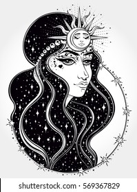 Hand drawn romantic portrait of young woman with stars in her hair. Her head is framed by a tiara of the sun, moon, stars and rays of light. Fantasy, magic, tattoo. Isolated vector illustration.