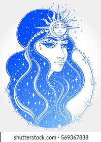 Hand drawn romantic portrait of young woman with stars in her hair. Her head is framed by a tiara of the sun, moon, stars and rays of light. Fantasy, magic, tattoo. Isolated vector illustration.