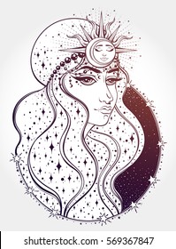 Hand drawn romantic portrait of young woman with stars in her hair. Her head is framed by a tiara of the sun, moon, stars and rays of light. Fantasy, magic, tattoo. Isolated vector illustration.