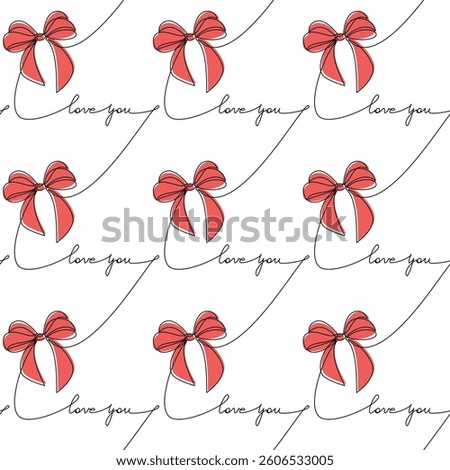 Hand drawn romantic print. Love You writing vector. Red ribbon bow continuous seamless pattern. Slogan, quote, text, lettering, calligraphy wallpaper, Valentine’s Day card, brochure, white background