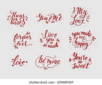 Hand drawn romantic quote set. Handwritten with brush pen. Collection of 9 quotes for print, greeting cards and photo overlays.