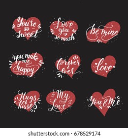 Hand drawn romantic quote set. Handwritten with brush pen. Collection of 9 quotes for print, greeting cards and photo overlays.