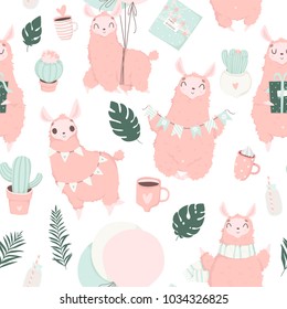 Hand drawn romantic seamless pattern with cute lamas characters and birthday signs and symbols. Vector illustration background in pink blue, red and white colors