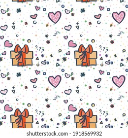 Hand drawn romantic seamless pattern with cute gift box, presents, hearts, love. dots and more. Vector illustration background