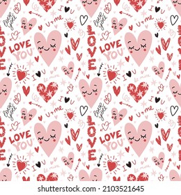 Hand drawn romantic seamless pattern with hearts, stars, arrows and love letters on a white background. Vector cute doodle background. Ideal for wrapping paper, decor, textiles.