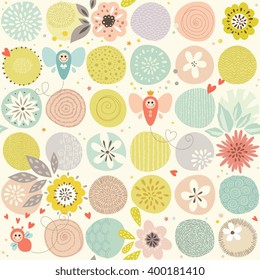 Hand drawn romantic seamless pattern with hearts, flowers, bugs and butterflies.