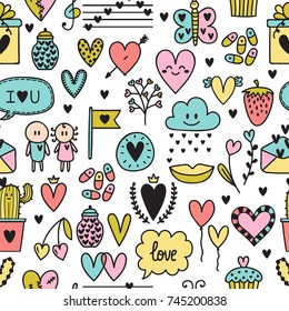 Hand drawn romantic seamless pattern. Lovely symbols. Valentine's day. Love concept. Wedding background. Sketch Birthday design elements. Vector illustration