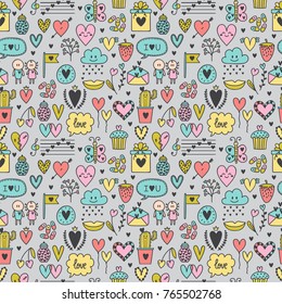 Hand drawn romantic seamless pattern. Lovely symbols. Valentine's day. Love concept. Wedding background. Sketch Birthday elements. Vector illustration