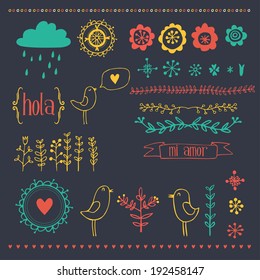 hand drawn romantic set with birds, hearts and floral elements