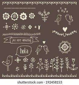 hand drawn romantic set with birds, hearts and floral elements