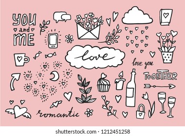 hand drawn romantic set of design elements. Vector illustration. doodle Wedding collection. Valentine hearts