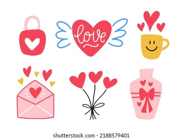 Hand Drawn Romantic Shapes Doodles Set. Valentines Icons Flying Heart, Cup, Balloon. Cute Love Cartoon Elements Collection. Decorative Valentine Clip Art Design. Vector Illustration.