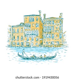 Hand drawn romantic sketch vector illustration of Venice, Italy. Drawing of a canal, houses and gondola isolated on white. Tourism Concept. Vintage color design for print, postcard, poster, banner