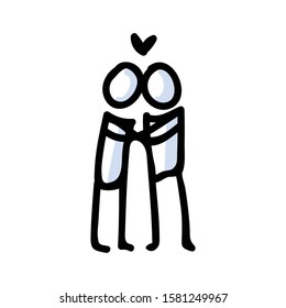 Hand Drawn Romantic Stick Figure Couple Kissing. Concept of Love Relationship. Simple Icon Motif for Dating Pictogram. Heart, Romance, Valentines Day, Anniversary Bujo Illustration. Vector EPS 10. 