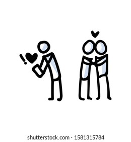  Hand Drawn Romantic Stick Figure Couple. Concept of Love Relationship. Simple Icon Motif for Dating App Pictogram. Heart, Romance, Valentines Day, Anniversary Bujo Illustration. Vector EPS 10. 