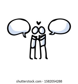 Hand Drawn Romantic Stick Figure Couple Kissing. Concept of Love Relationship. Simple Icon Motif for Dating Speech Bubble. Heart, Romance, Valentines Day, Anniversary Bujo Illustration.Vector EPS 10. 