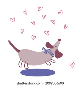 Hand drawn romantic valentine dachshund and hearts. Perfect for T-shirt, postcard, textile and print. Doodle vector illustration for decor and design.
