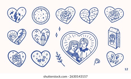 Hand Drawn Romantic Valentine s Day Elements Hearts Flowers and Decorative Flourishes