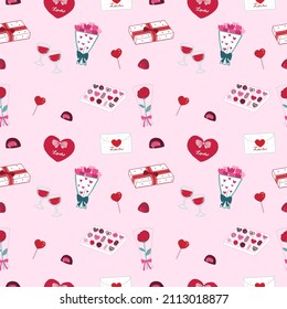 Dibujo a mano romántico patrón de San Valentín hecho a mano sin fisuras. Chocolate, flores, cajas de regalo. Los elementos de San Valentín repiten textura sobre fondo rosado. EPS de ilustración de vector
