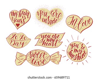 Hand drawn romantic vector quote set in different shapes. Handwritten with brush pen. Collection of 7 quotes for print, greeting cards and photo overlays.