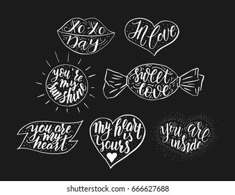 Hand drawn romantic vector quote set in different shapes. Handwritten with brush pen. Collection of 7 quotes for print, greeting cards and photo overlays.