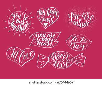 Hand drawn romantic vector quote set in different shapes. Handwritten with brush pen. Collection of 7 quotes for print, greeting cards and photo overlays.