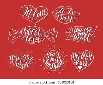 Hand drawn romantic vector quote set in different shapes. Handwritten with brush pen. Collection of 7 quotes for print, greeting cards and photo overlays.