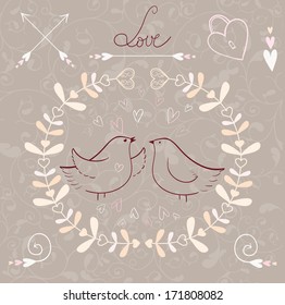 The hand drawn romantic vector set in pale colors with birds, hearts, arrows, brackets and other design elements