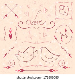 The hand drawn romantic vector set in pale colors with birds, hearts, arrows, brackets and other design elements