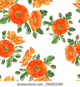 Hand drawn romantic watercolor Poppies, high quality botanical illustration. Seamless pattern for greeting cards, invitations. Also suitable for textile design / Vector Illustration