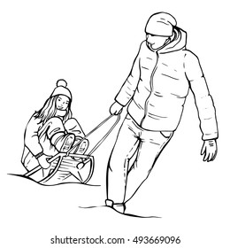 Hand drawn romantic winter scene. Sketch happy young couple having fun, sledding 