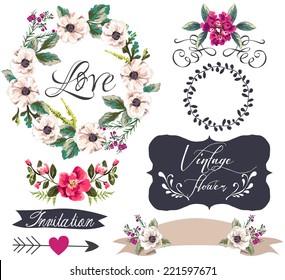 hand drawn romatic flower collection with wreath,arrow,frame,curl,banners